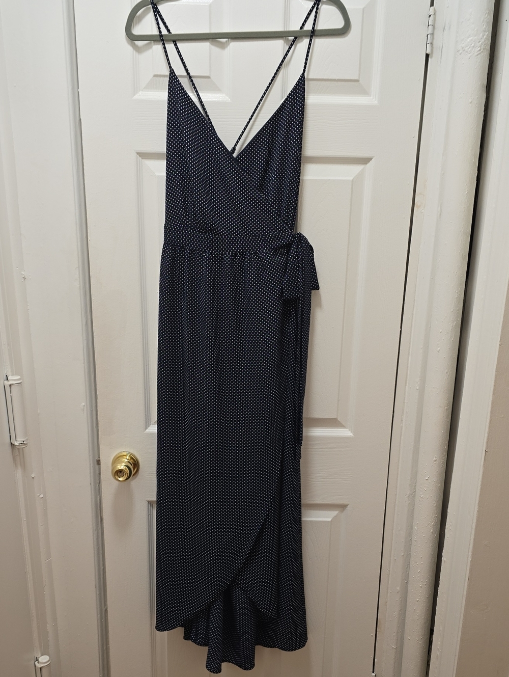 Urban Outfitters Navy Polka Dot Backless Wrap Maxi Dress